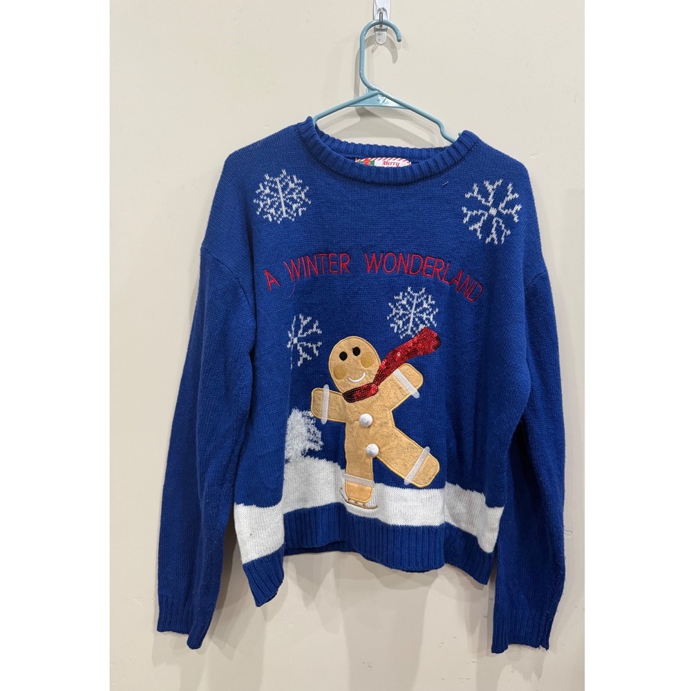 Merry Christmas Blue Gingerbread Man Winter Wonderland Ugly Sweater XL